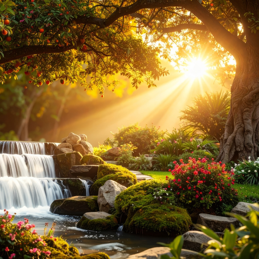 picture of paradise, trees, river, flowers, waterfall